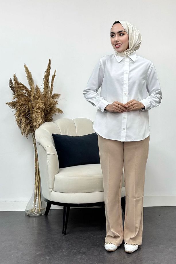 Kadın Önü Çimalı Likralı Krep Kumaş Pantalon - 1