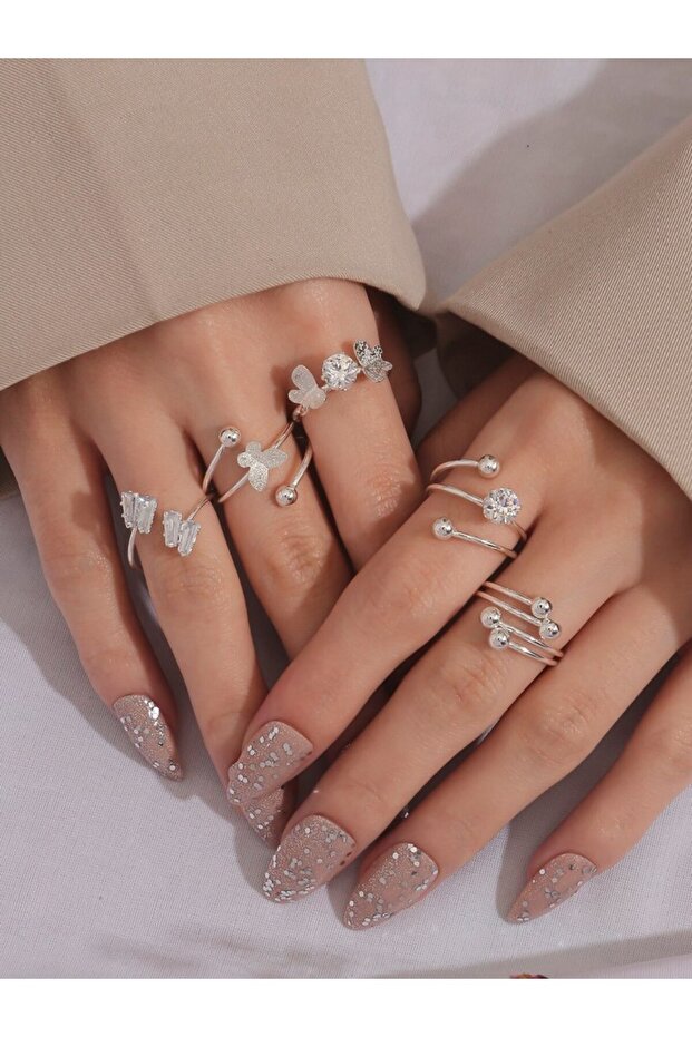 Adjustable Silver Plated WHITE 5 Pieces Jewelry Silver-color Shaped Butterfly Zircon Women Party Tra