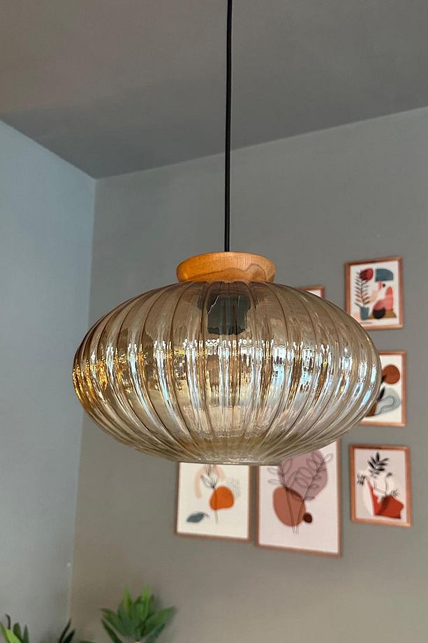 Elegant Cam Tekli Bal Rengi Avize Ahşap Tabak Başlık Sarkıt Lamba Restoran Salon Aydınlatma - 4