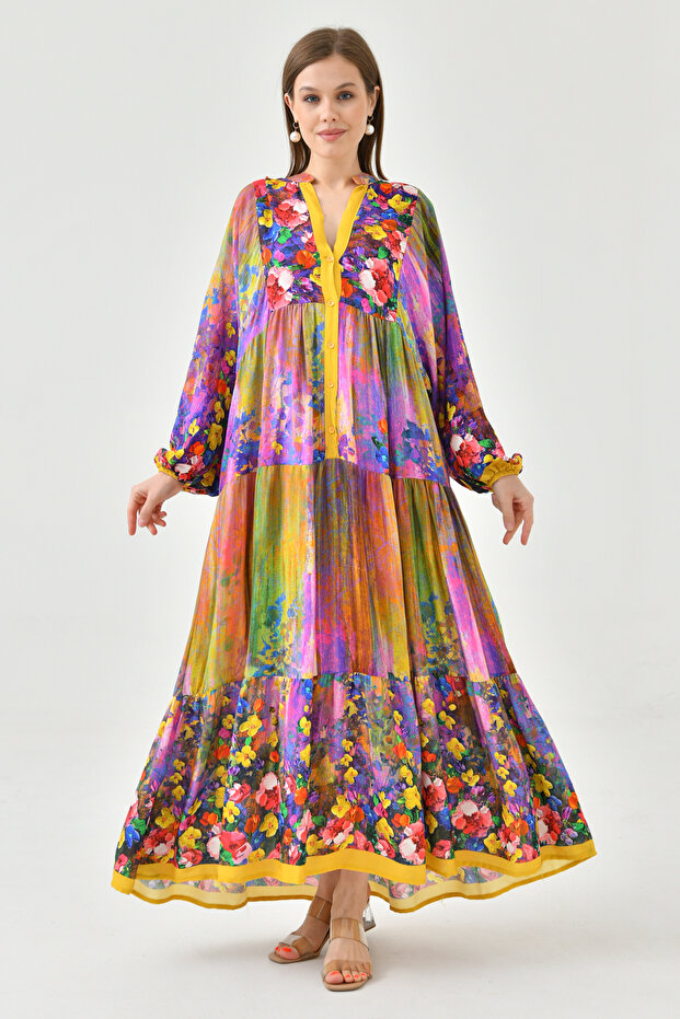 Magnifying Collar and Button Floral Print Midi Dress - Balloon Sleeve, Wide Flared 3412