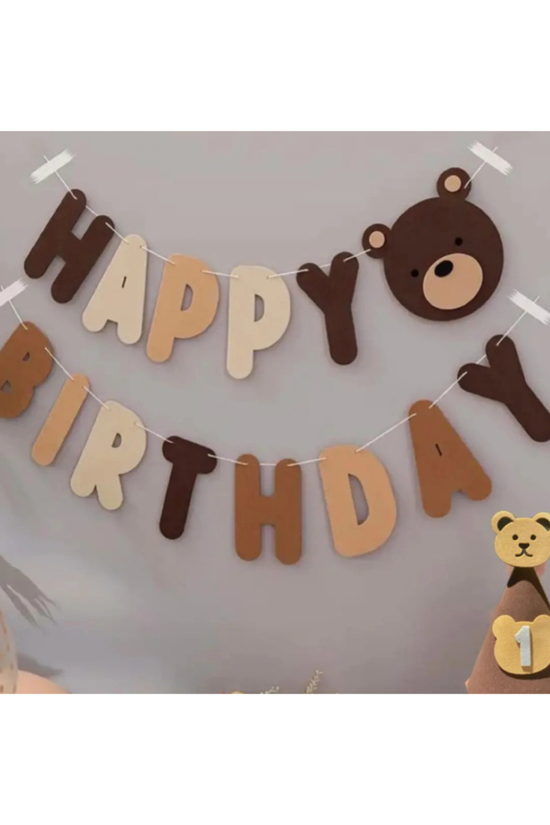 Brown Happy Birthday Text Eva Material Banner with Teddy Bear