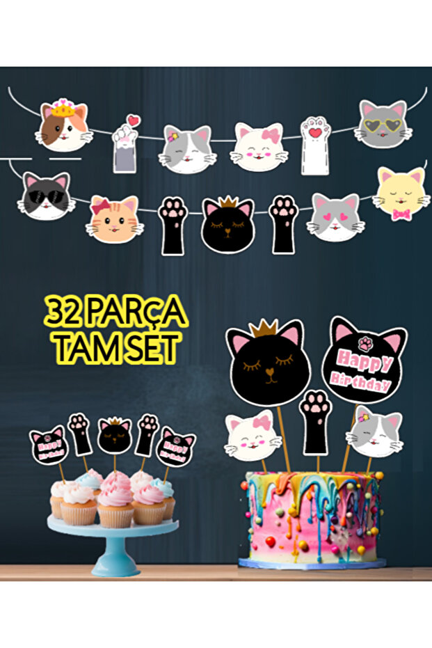 Cats Themed 32-Piece Birthday Set: Banner Cake Toothpick Cupcake