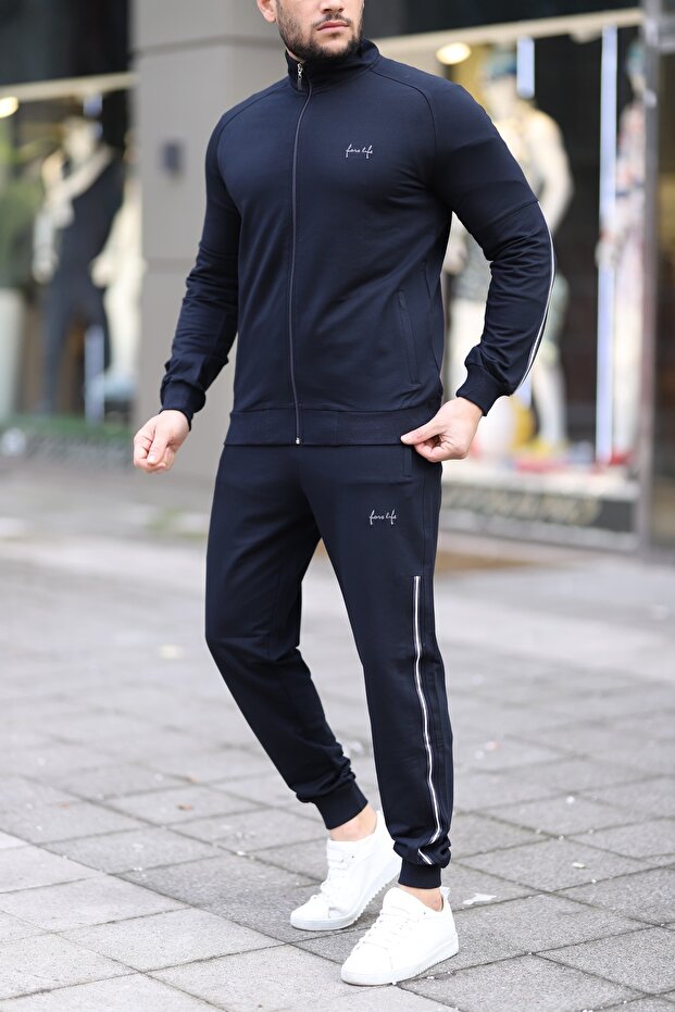 New Season Men's Piping Detailed Soft Textured Cuffed Tracksuit Set, Navy Blue