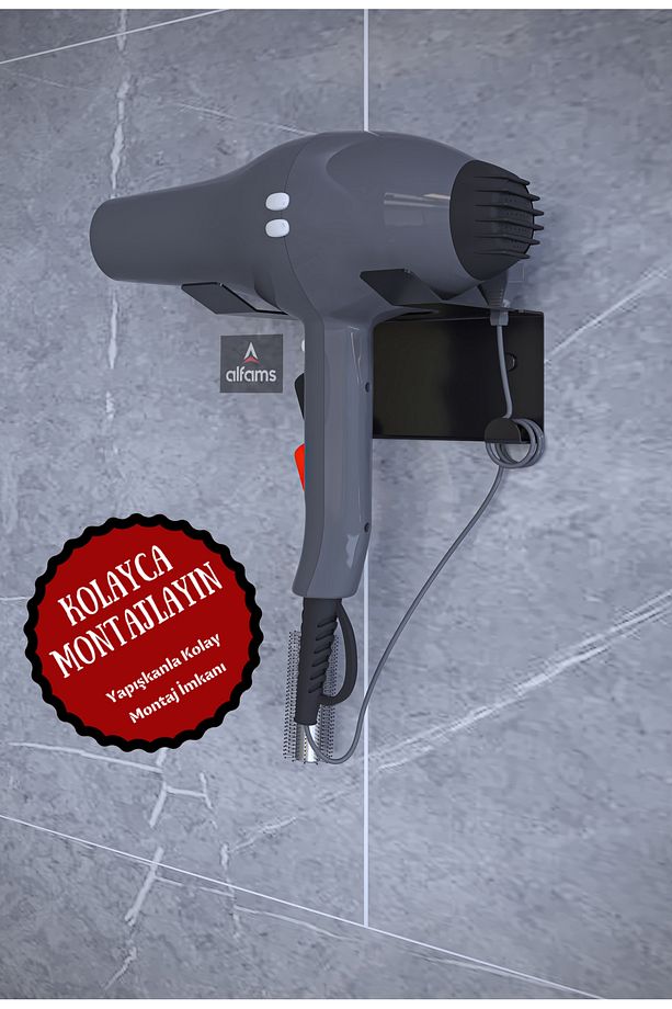 Siyah Saç Kurutma Makinesi Tutacağı, Banyo Lavabo Fön Makinesi Askısı Ultra Güçlü Yapışkanlı - 1