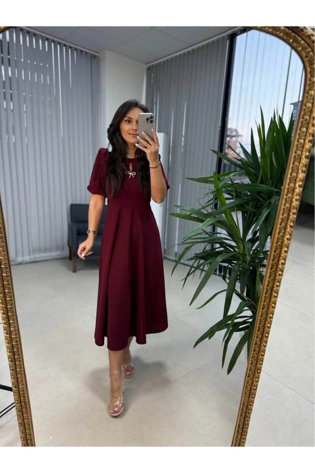 Bow Detail Plunging Neckline Short-Sleeved Midi Dress