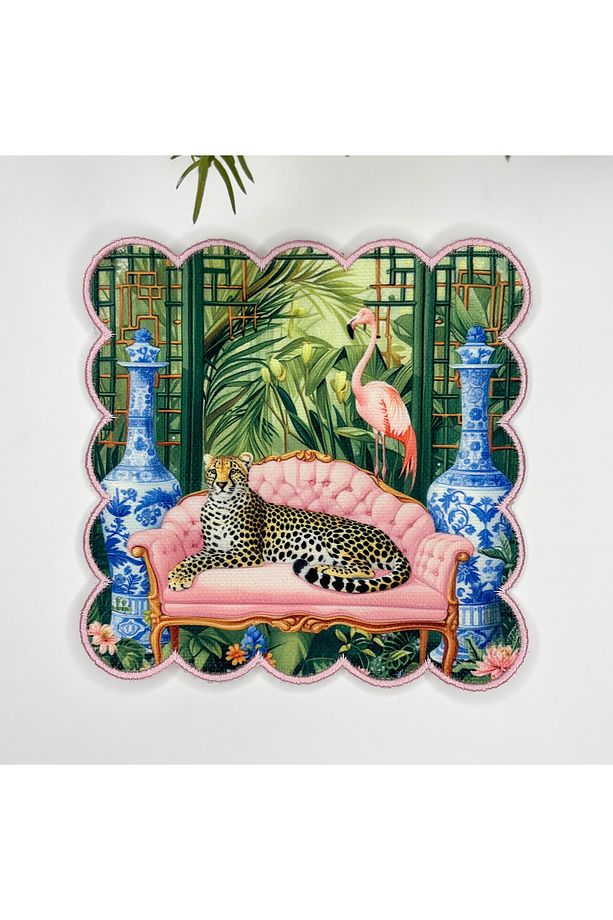 Maximalist Çita Flamingo ve Tropikal Tasarımlı Nakış Kenar Kumaş Kokteyl Peçetesi 1 Adet - 1