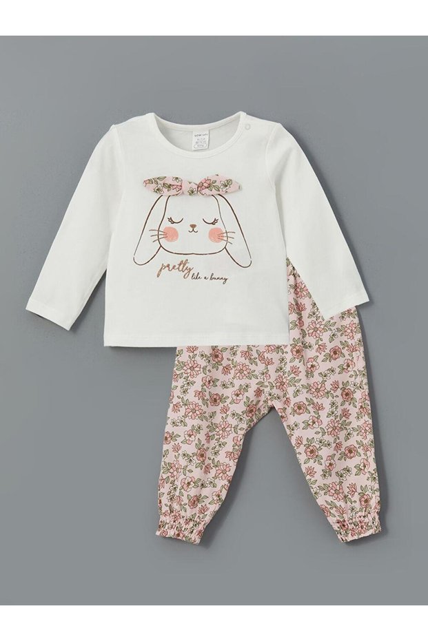 Lcw Baby Ecru Crew Neck Printed Baby Girl Blouse and Pants 2Pcs