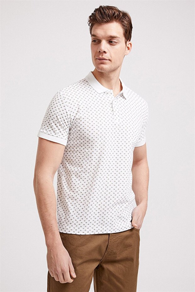 Nature Men's 100% Cotton Printed Polo Neck T-Shirt White