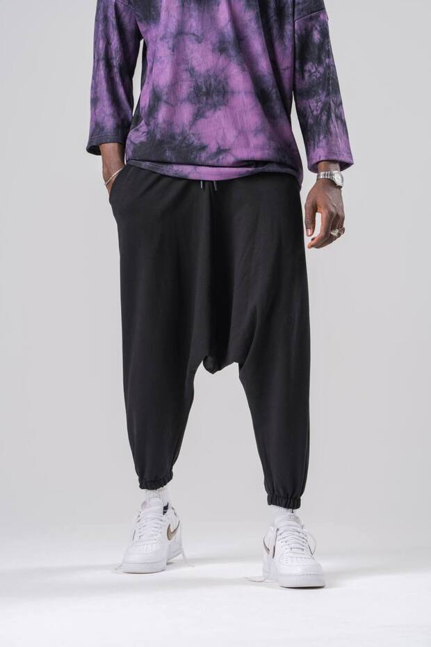 Ανδρικό Basic Elastic Μαύρο Φαρδύ Παντελόνι - 4