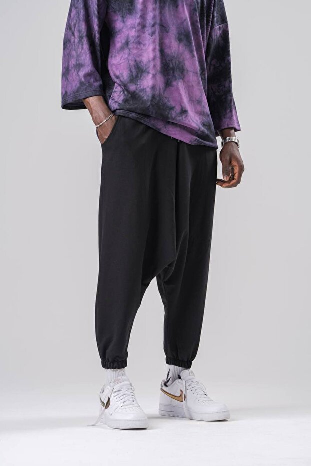 Ανδρικό Basic Elastic Μαύρο Φαρδύ Παντελόνι - 1