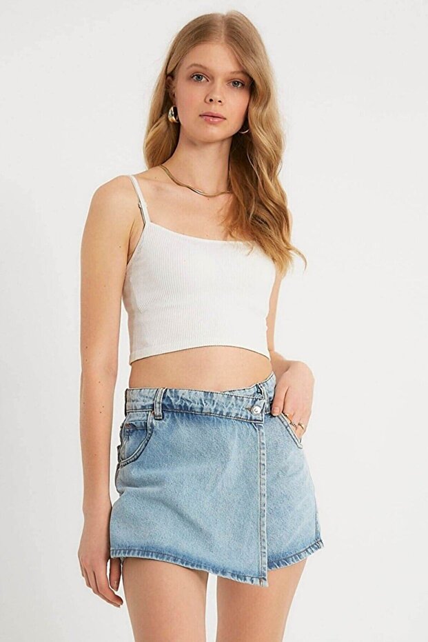 Asymmetrical Jean Denim Shorts Skirt Front Closure Detailedfrango