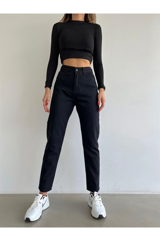 By-6210 High Waist Lycra Black Boyfriend Jeans Stretchy Mom Jeans Skinny Leg Pants