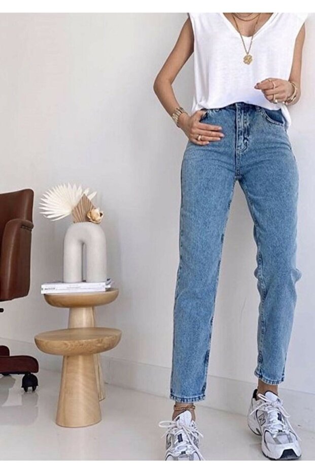 High Waist Blue Mom Jeans Snow Wash Lycra Mom Jeans