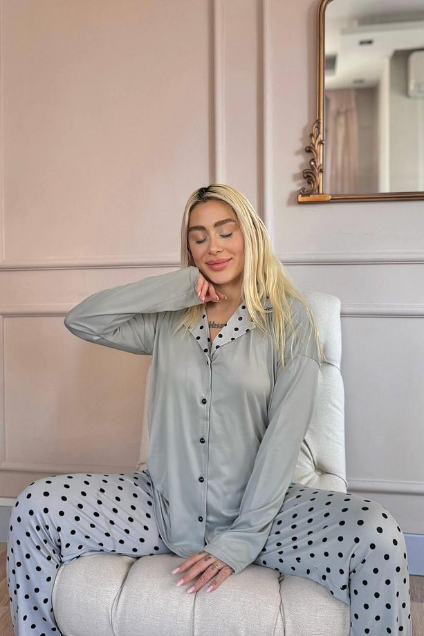 Gri Points Desenli Bambu Önden Düğmeli Uzun Kol Kadın Pijama Takımı - 3