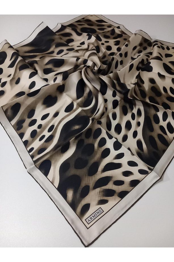 Siyah Haki Leopar Desen Saf İpek Tivil Dokuma Eşarp-E25YA9320D02-51-KVS0677 - 6