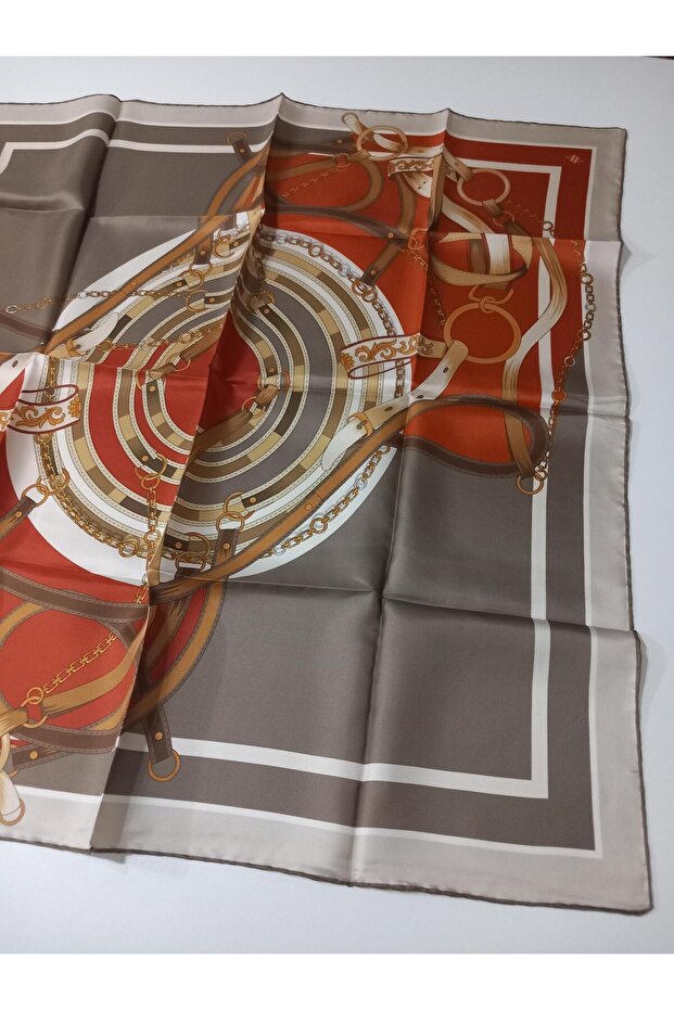 Kiremit Vizon Zincir Kemer Desen Saf İpek Sura Dokuma Eşarp-E25YA9315D01-05-KVS0670 - 5