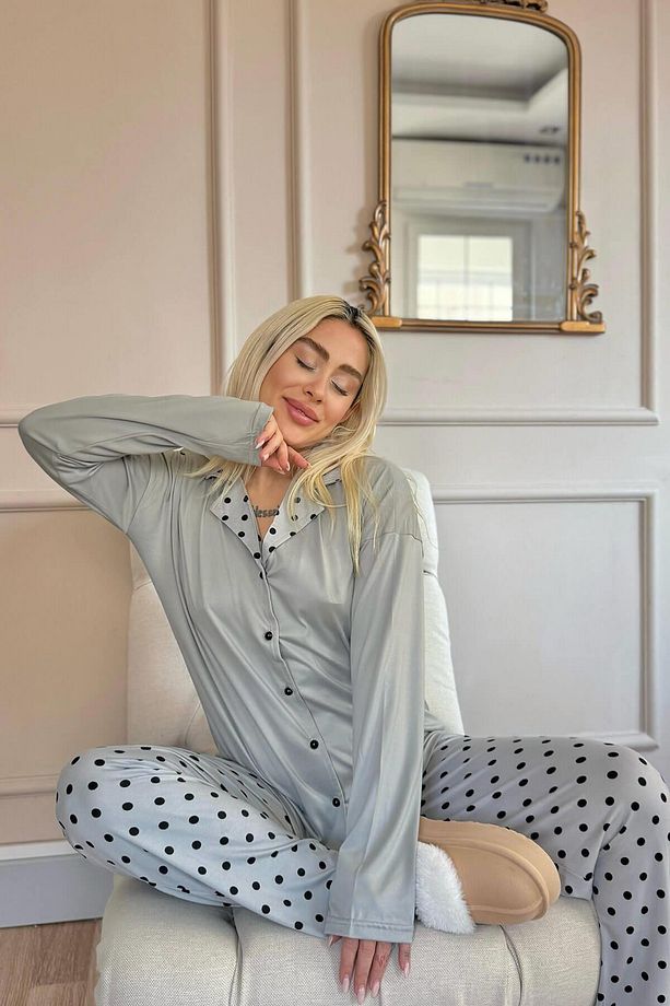 Gri Points Desenli Bambu Önden Düğmeli Uzun Kol Kadın Pijama Takımı - 4
