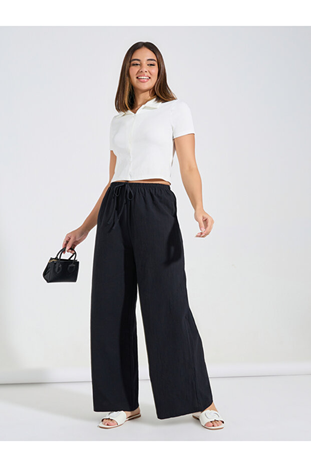 Solid Wide Leg Pants with Drawstring - 1