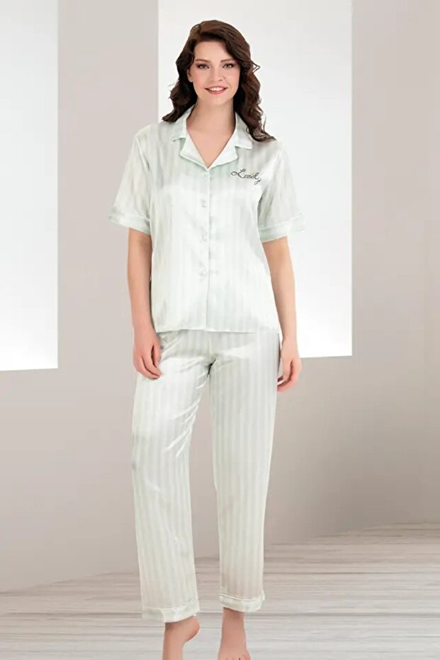 Light Green Satin Buttoned Pajama Set - 2
