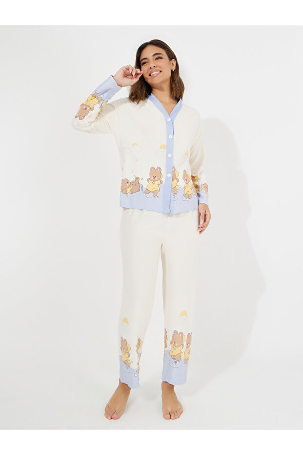 Bear Print Button Placket Shirt & Pyjama Set