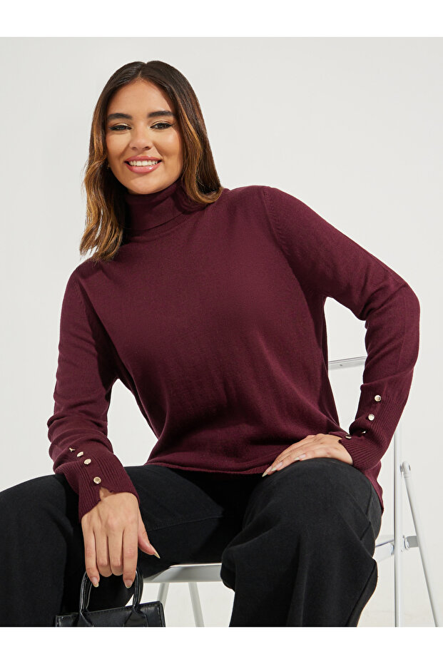Slim Fit Turtle Neck Sweater with Button Cuff Detail