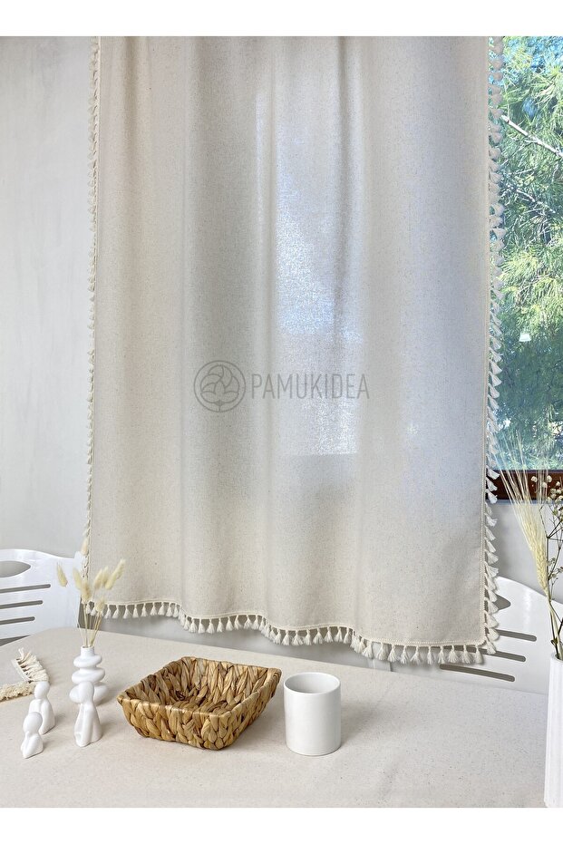 Cream Tasseled - Pompommed 100% Cotton Vintage Natural Buldan Linen Curtain Sunshade, Background (Length X Width)
