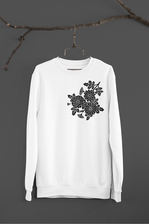 WOMEN / GIRL Long Sleeve 2 Yarn Three Flowers Transfer Printed Crew-Neck Sweatshirt