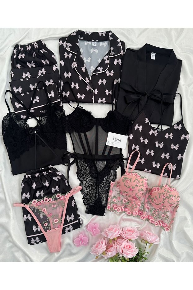 Black Rose Satin Boxed 9 Piece Giant Pajamas Nightgown Dressing Gown Underwear Dowry Set