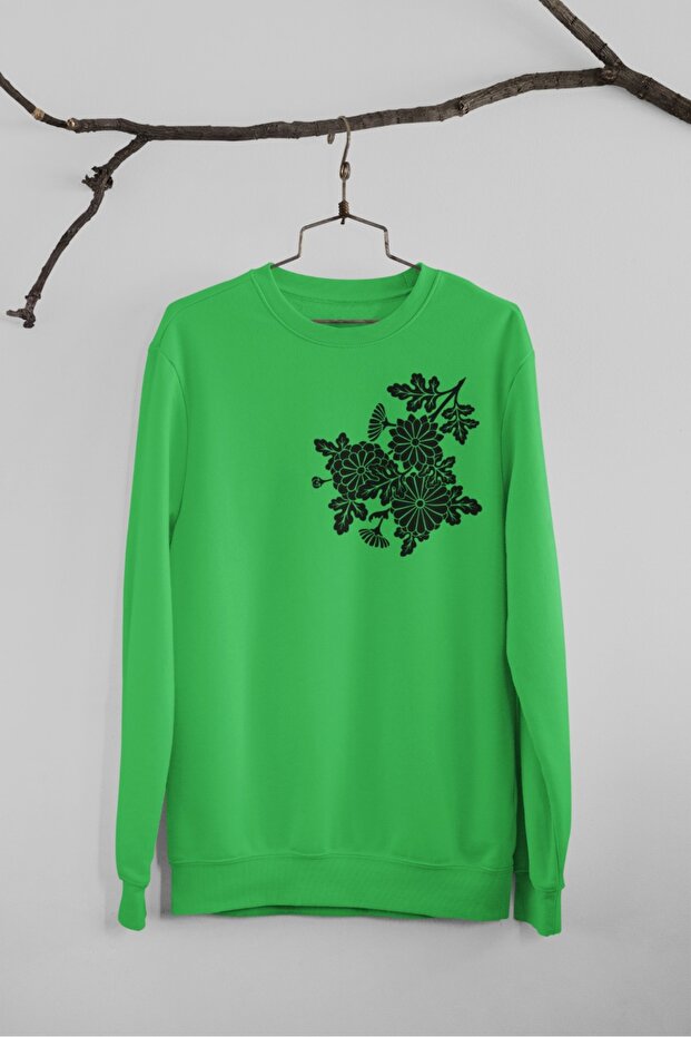 WOMEN / GIRL Long Sleeve 2 Yarn Three Flowers Transfer Printed Crew-Neck Sweatshirt