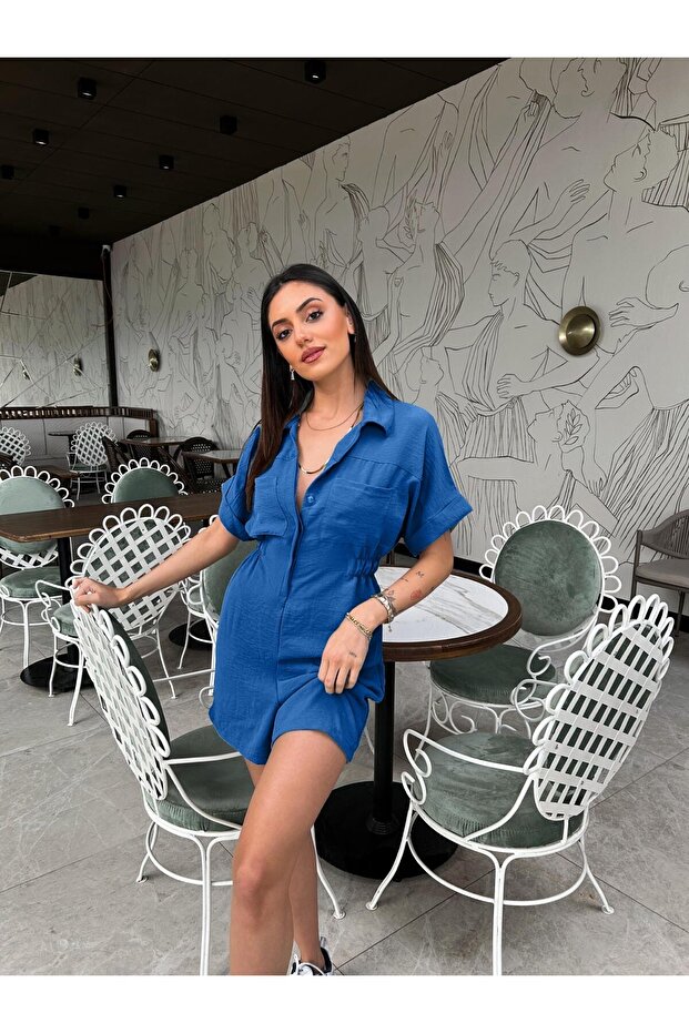 Kadın Mavi Viskon Şortlu Tulum - 3