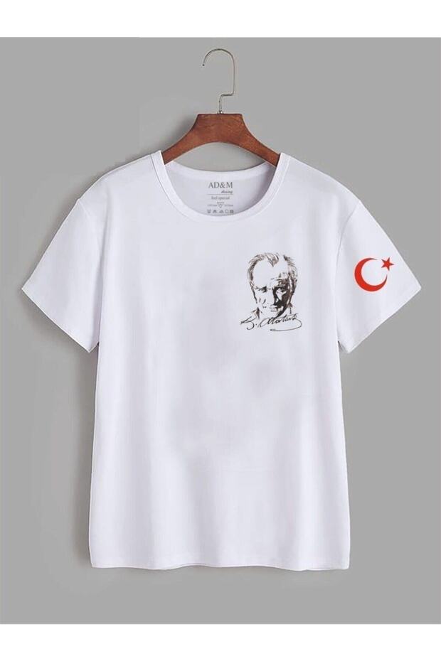 Unisex Ataturk and Flag Printed Oversize White T-Shirt