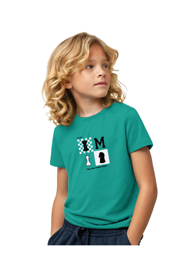 Boy's Turquoise Colored Embossed Chess Printed T-Shirt