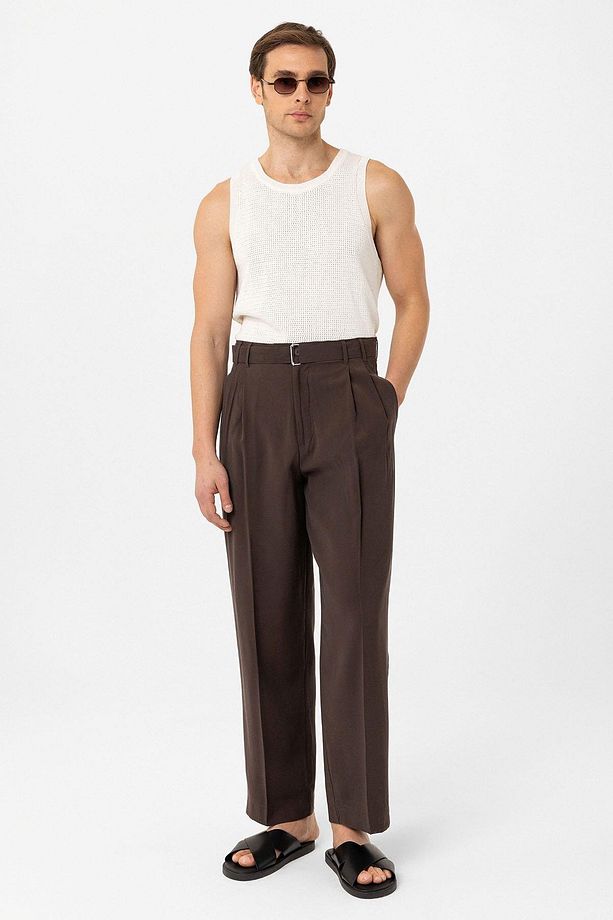 Kahve Modal Kumaş Relax Fit Kemerli Erkek Pantolon - 5