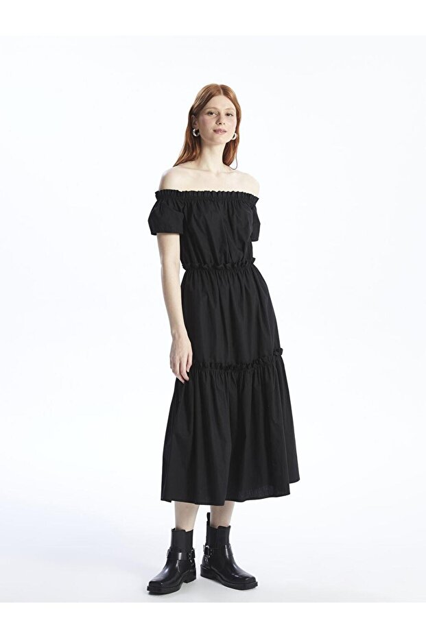 Boat Neck Plain Short Sleeve Women's Dress (S4)