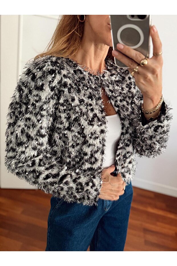 Kadın Leopar Tüylü Pul Silver Ceket - 1