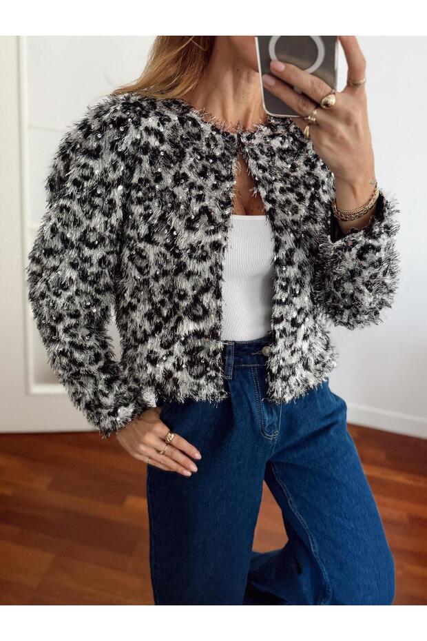 Kadın Leopar Tüylü Pul Silver Ceket - 2