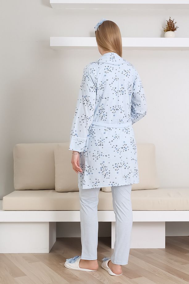 Hamile Pijama Takımı Melanj Kumaş Önü Düğmeli Nakışlı - Desenli Emzirme İçin Uygun 3'lü - 3