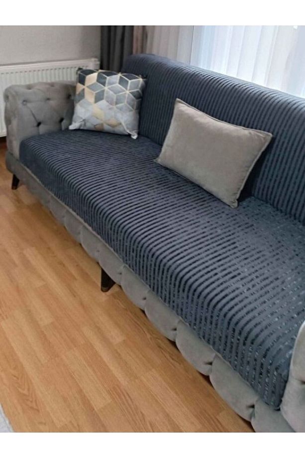 Süngerli Kadife Koltuk Örtüsü Koltuk Şalı Çekyat Örtüsü 3 Kişilik 175 X 210 (1 ADET) Koyu-gri - 1