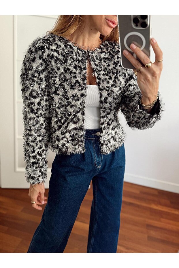 Kadın Leopar Tüylü Pul Silver Ceket - 4