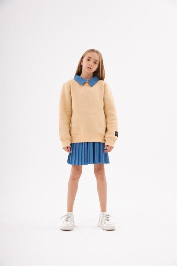 Girl's Jeans Collar Raised Sweatshirt Pleated Denim Skirt Set of 2