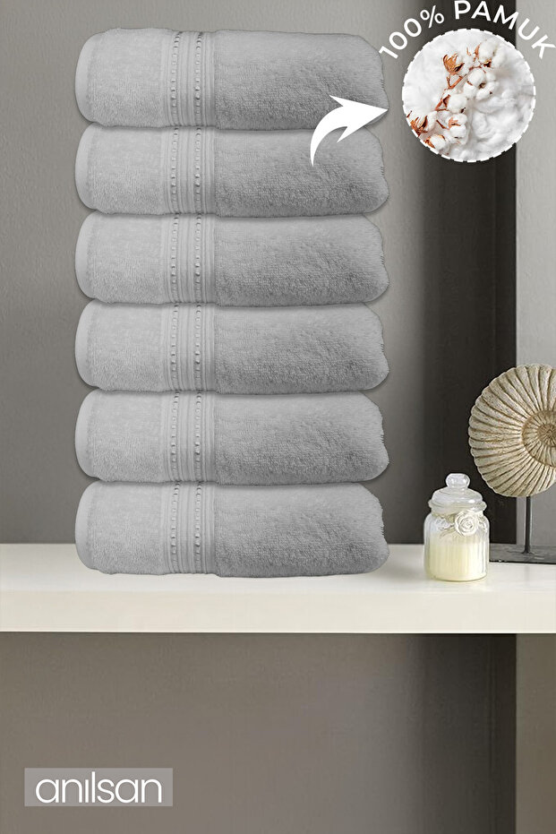 6-Piece Beaded White Hand Towels - 50X90 Cm, 225 Gr, 100% Cotton, Spa and Hotel Towels