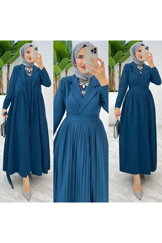 Summer Design Abaya Set with Pleated Abaya Made of Double Crepe Fabric