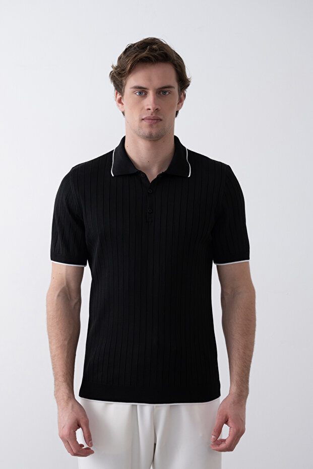 Fitilli Şeritli Siyah Düğme Yaka Triko Tshirt - 1