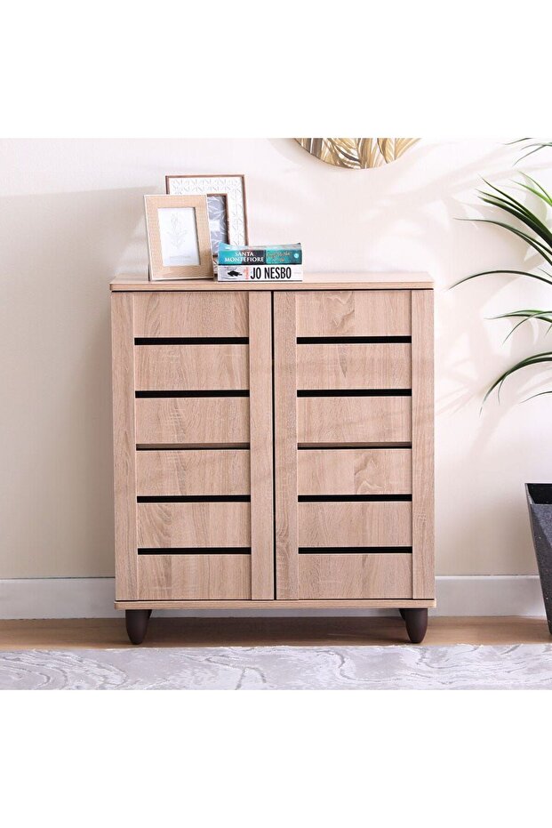 Ricky 14-Pair Shoe Cabinet - White Oak L75xW32xH86cm