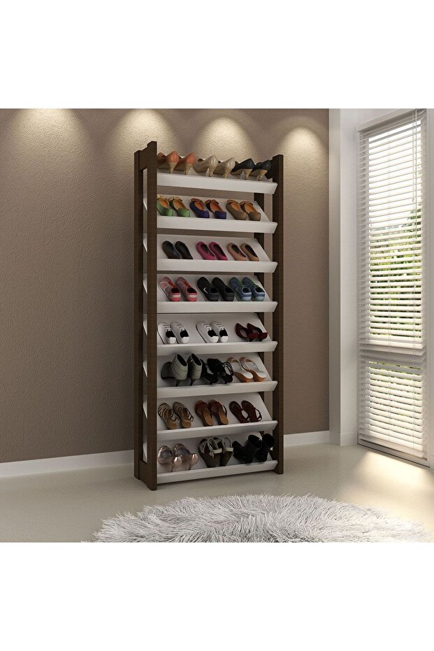Lean 8-Tier Tall Shoe Cabinet-24 Pairs - White/Walnut L69xW26.3xH165.5cm