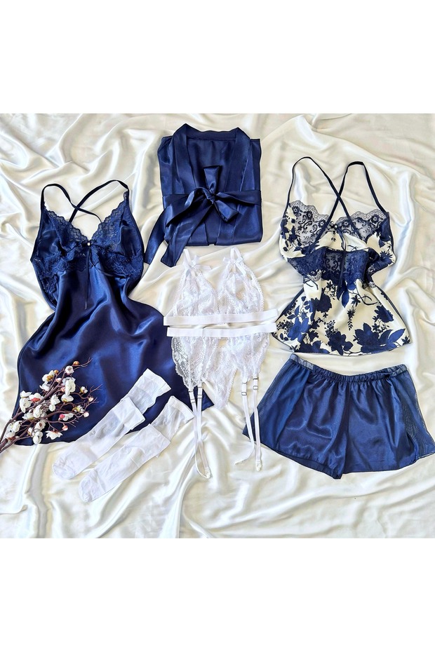 Navy Blue Silk Satin Boxed 7 Piece Giant Bridal Set 6862