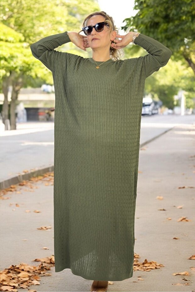 100% Acrylic Hair Knitting Patterned Low Sleeve Cycling Collar Extra Large Size Knitting Dress