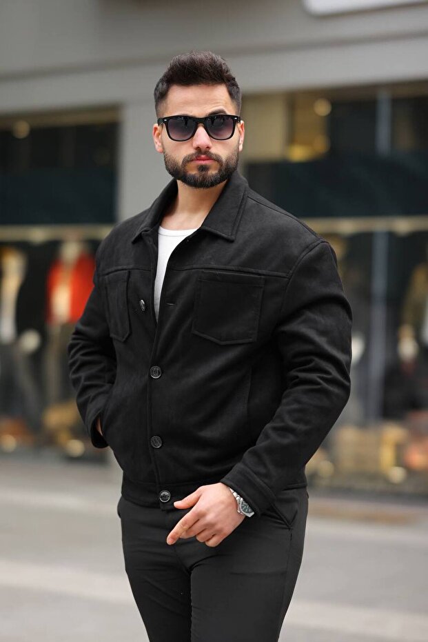 سترة من جلد الغزال نصف كبيرة الحجم مع جيوب بأزرار - 1