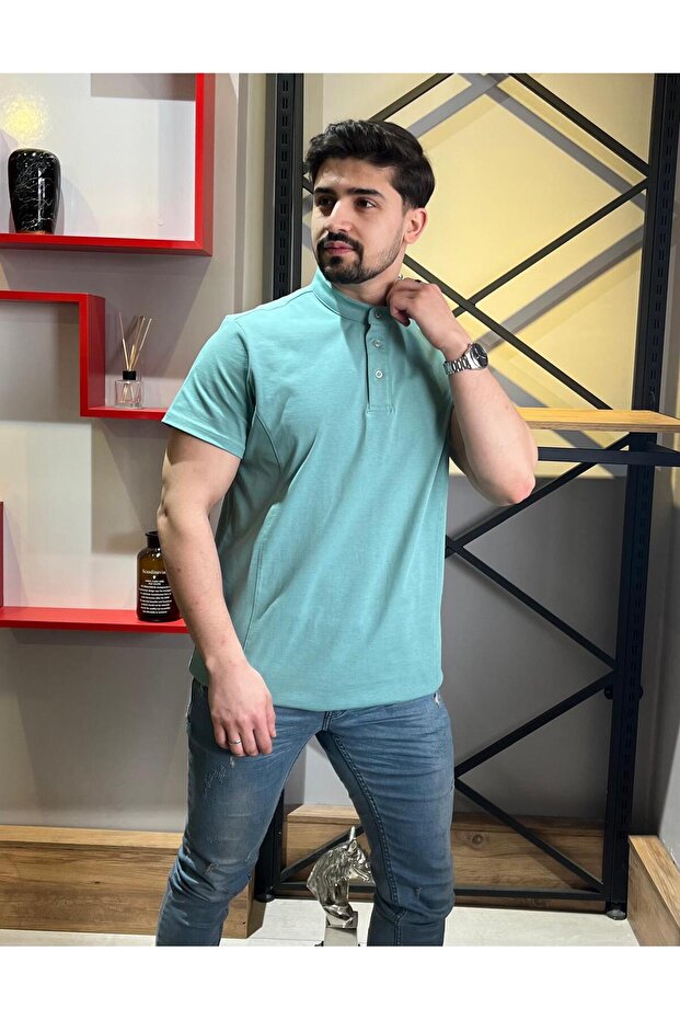Hakim Yaka Düğmeli Mint Yeşili Basic Tshirt - 4
