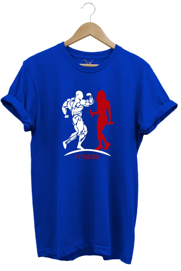 Gym Fitness Sportswear Women's and Men's Printed 100% Cotton Regular Fit Crew Neck Blue T-Shirt